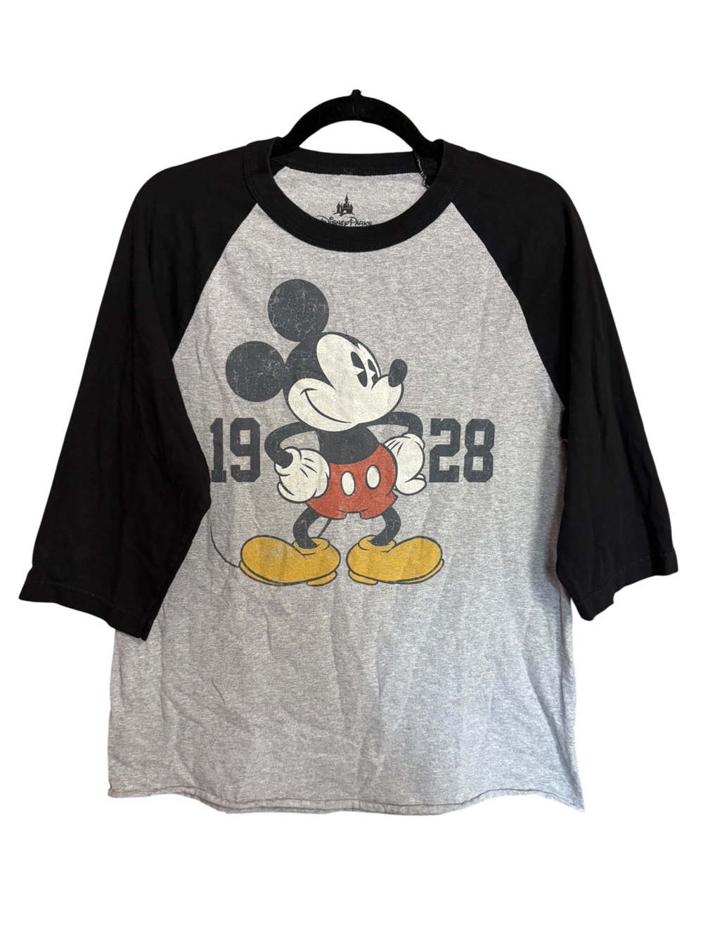 Disney Parks Mickey Mouse Raglan 3/4 Sleeve Casual Gray Black Shirt Medium